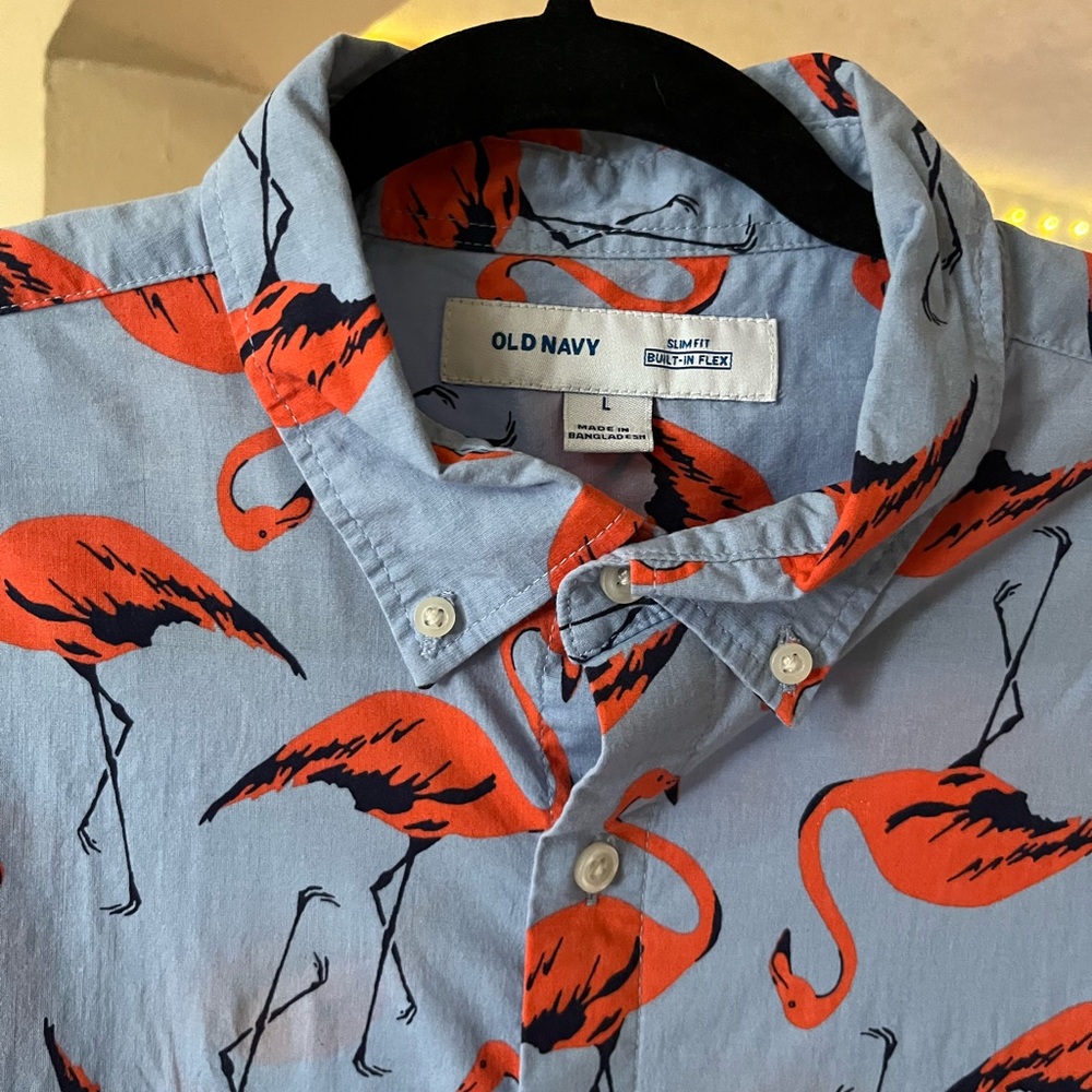 Old Navy Casual Blue and Pink/Orange Flamingo Shirt